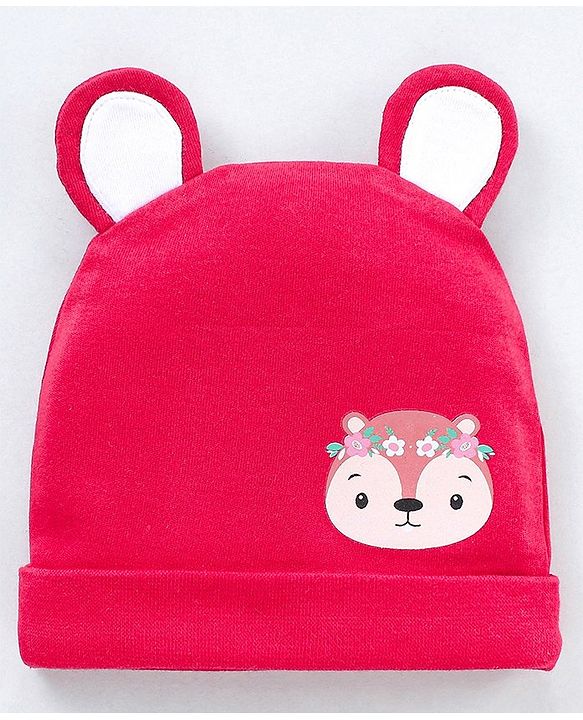 Babyhug 100% Cotton Cap With Ear Applique Fox Print- Red