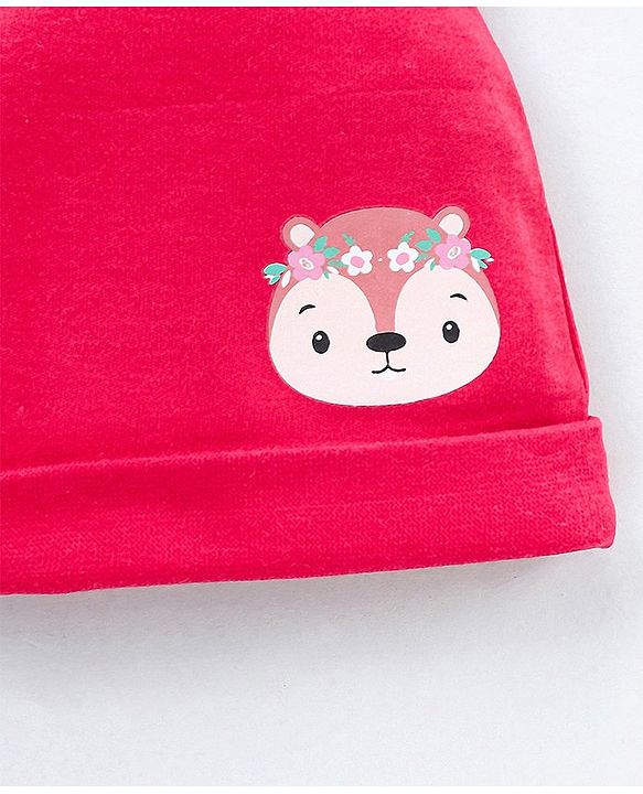 Babyhug 100% Cotton Cap With Ear Applique Fox Print- Red