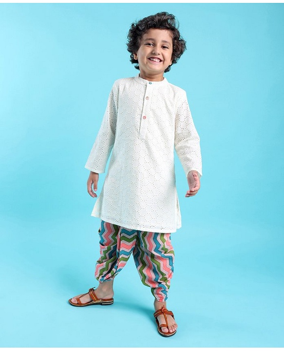 Babyhug 100% Cotton Woven Full Sleeves Schiffli Embroidered Kurta and Chevron Printed Dhoti Set - White