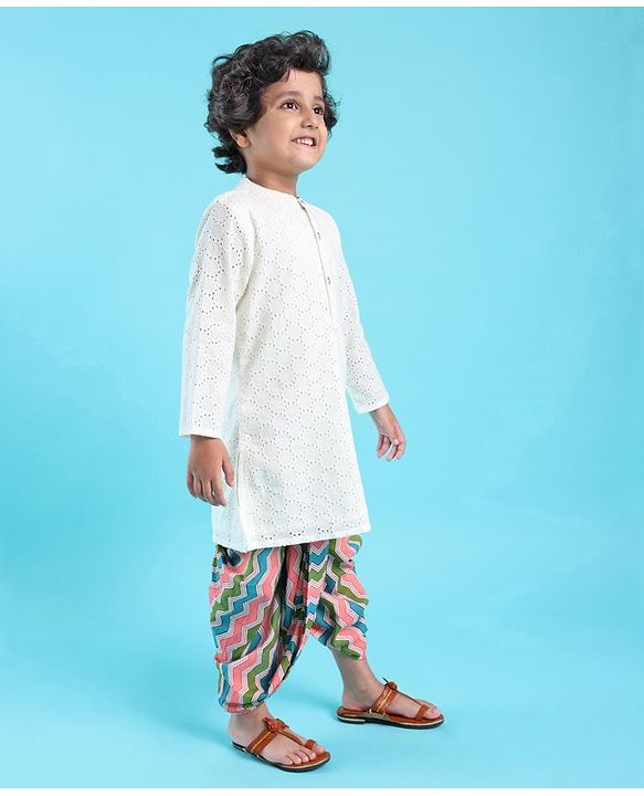 Babyhug 100% Cotton Woven Full Sleeves Schiffli Embroidered Kurta and Chevron Printed Dhoti Set - White