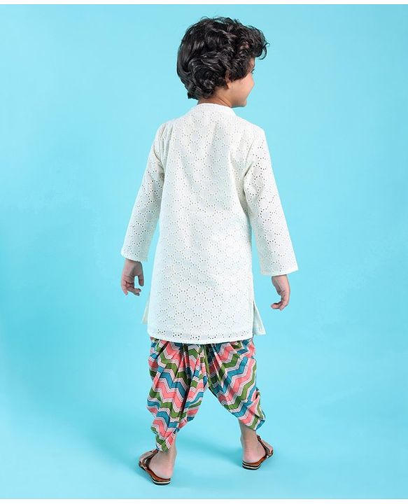 Babyhug 100% Cotton Woven Full Sleeves Schiffli Embroidered Kurta and Chevron Printed Dhoti Set - White