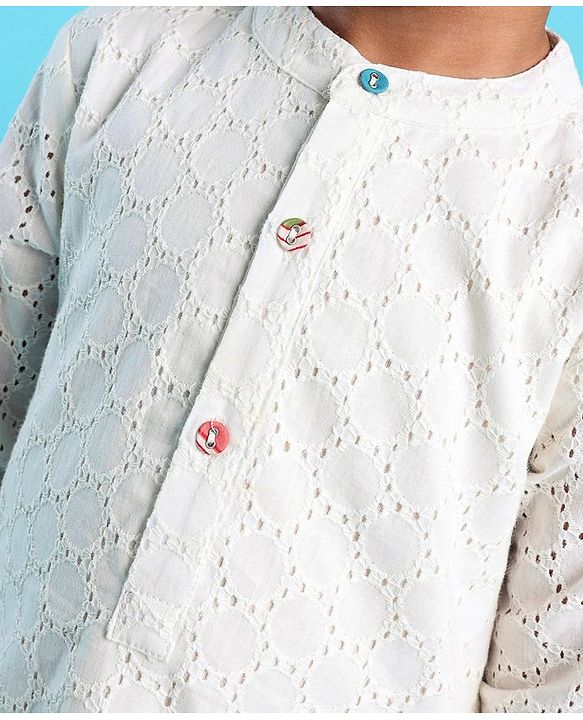 Babyhug 100% Cotton Woven Full Sleeves Schiffli Embroidered Kurta and Chevron Printed Dhoti Set - White