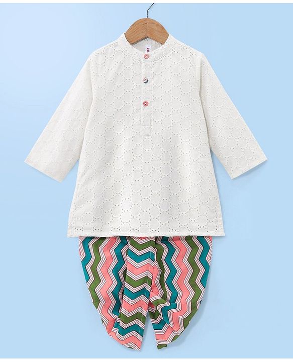 Babyhug 100% Cotton Woven Full Sleeves Schiffli Embroidered Kurta and Chevron Printed Dhoti Set - White