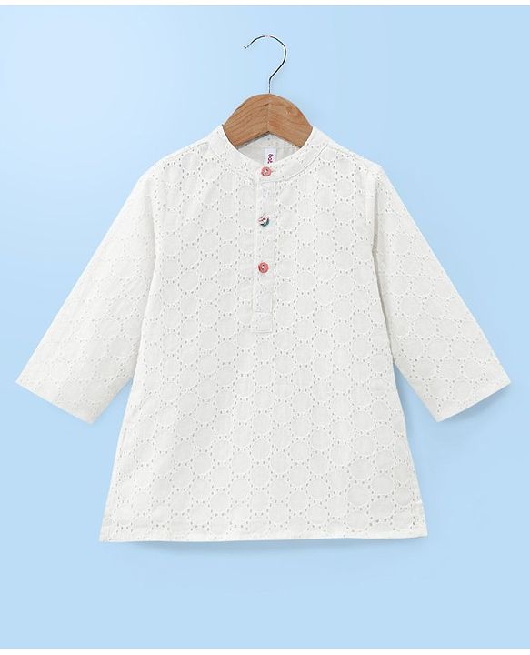 Babyhug 100% Cotton Woven Full Sleeves Schiffli Embroidered Kurta and Chevron Printed Dhoti Set - White