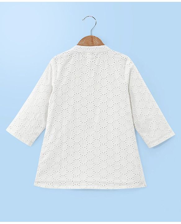 Babyhug 100% Cotton Woven Full Sleeves Schiffli Embroidered Kurta and Chevron Printed Dhoti Set - White