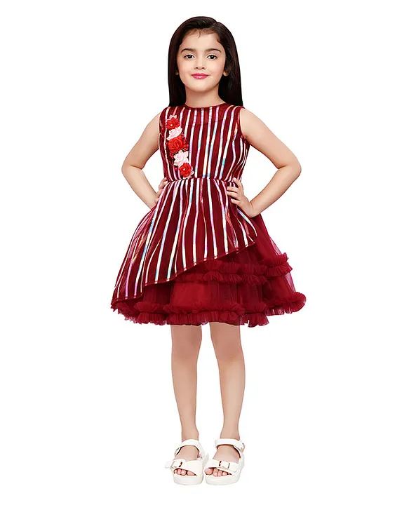 Buy Betty By Tiny Kingdom Three Fourth Bell Sleeves Bead Work Embellished &  Embroidered With Flower Applique Detailed Flared Gown With Attached Dupatta  Maroon & Mustard Yellow for Girls (9-10Years) Online in