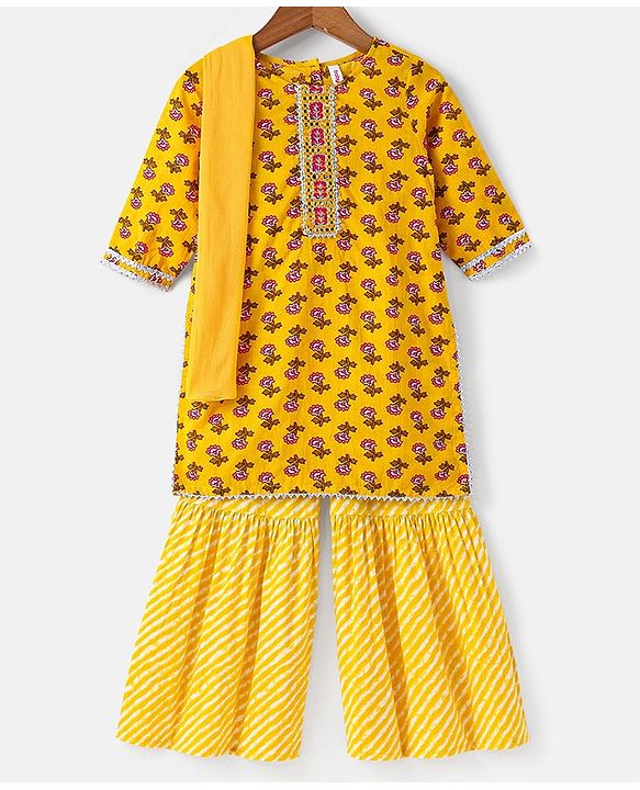 Babyhug 100% Cambric Full Sleeve All Over Printed Kurti Palazoa With Solid Chiffon Dupatta Set- Yellow