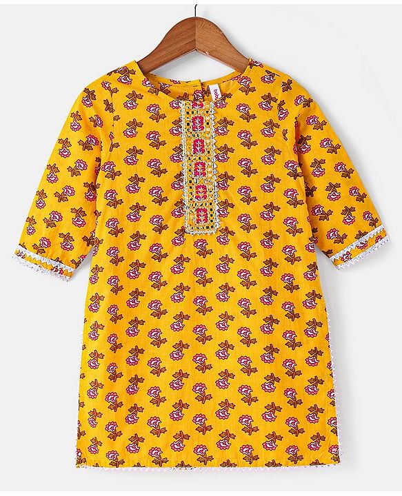 Babyhug 100% Cambric Full Sleeve All Over Printed Kurti Palazoa With Solid Chiffon Dupatta Set- Yellow
