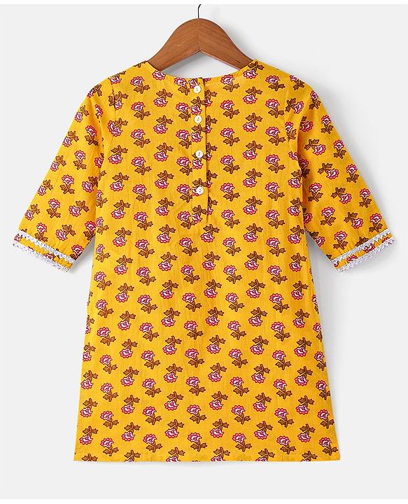 Babyhug 100% Cambric Full Sleeve All Over Printed Kurti Palazoa With Solid Chiffon Dupatta Set- Yellow