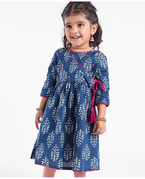 Babyhug 100% Cotton Woven Three Fourth Sleeves Ethnic Dress with Floral Print & Mirror Work - Indigo