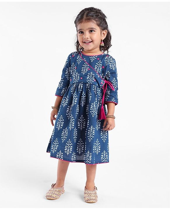 Babyhug 100% Cotton Woven Three Fourth Sleeves Ethnic Dress with Floral Print & Mirror Work - Indigo