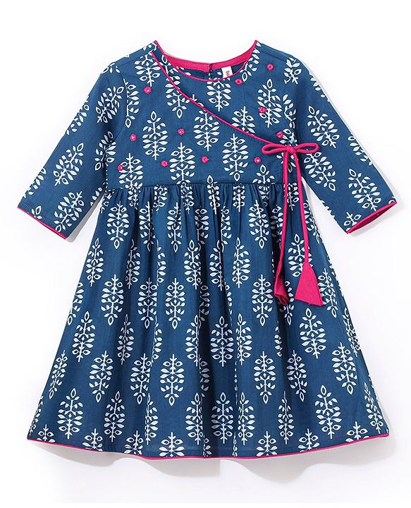 Babyhug 100% Cotton Woven Three Fourth Sleeves Ethnic Dress with Floral Print & Mirror Work - Indigo