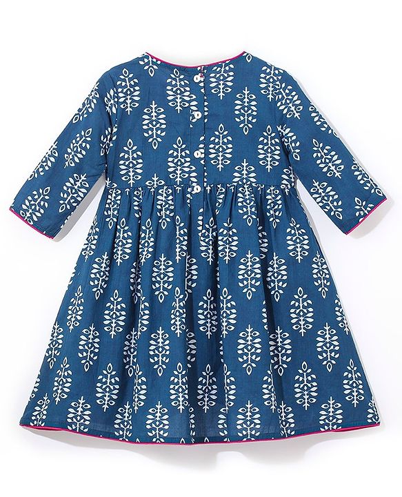 Babyhug 100% Cotton Woven Three Fourth Sleeves Ethnic Dress with Floral Print & Mirror Work - Indigo