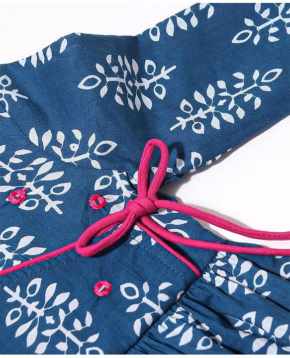 Babyhug 100% Cotton Woven Three Fourth Sleeves Ethnic Dress with Floral Print & Mirror Work - Indigo