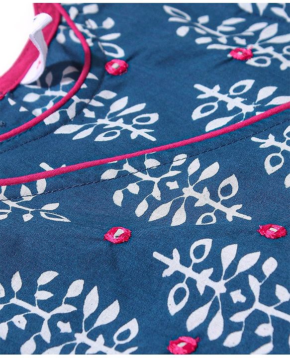 Babyhug 100% Cotton Woven Three Fourth Sleeves Ethnic Dress with Floral Print & Mirror Work - Indigo