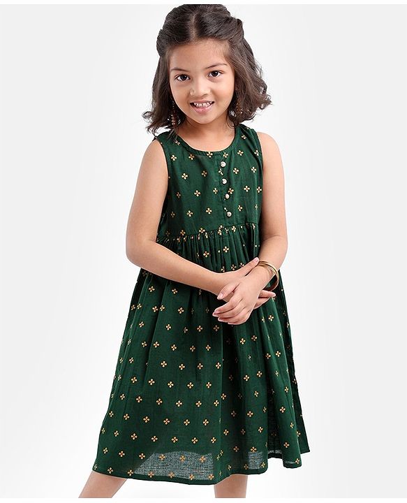 Babyhug 100% Cotton Sleeveless Ethnic Dress Foil Print- Green