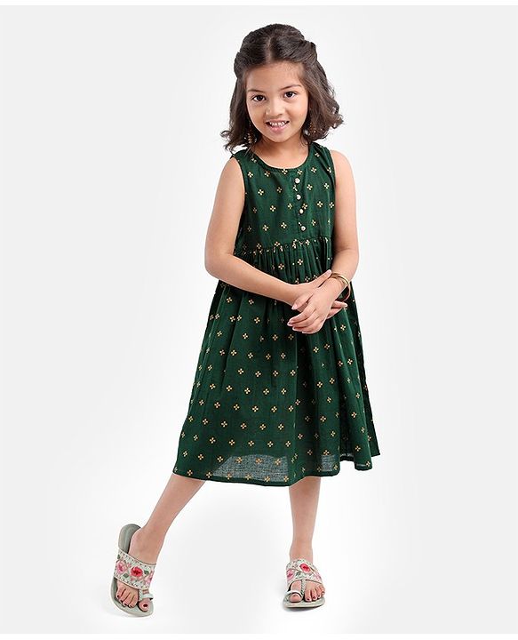 Babyhug 100% Cotton Sleeveless Ethnic Dress Foil Print- Green
