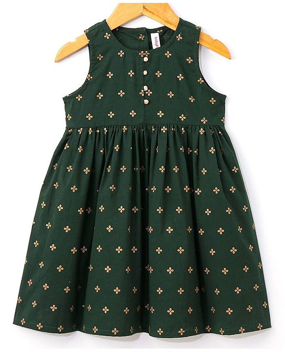 Babyhug 100% Cotton Sleeveless Ethnic Dress Foil Print- Green