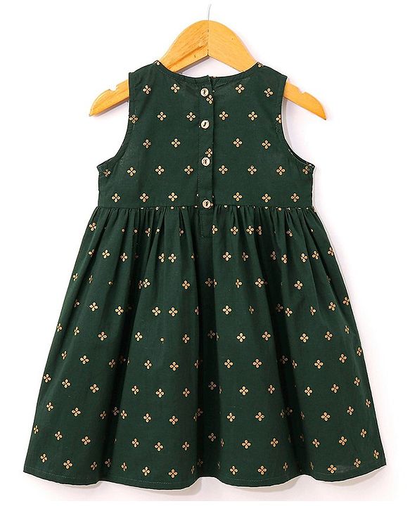 Babyhug 100% Cotton Sleeveless Ethnic Dress Foil Print- Green