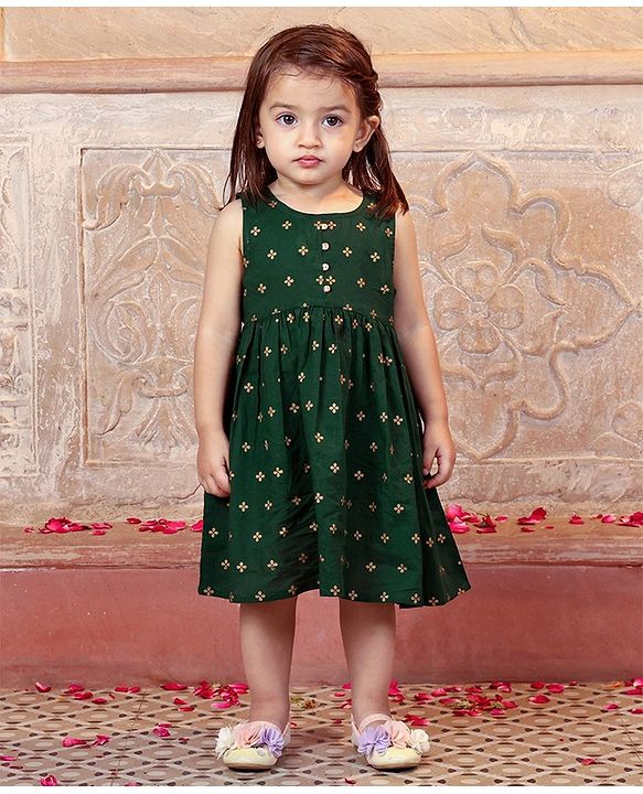 Babyhug 100% Cotton Sleeveless Ethnic Dress Foil Print- Green