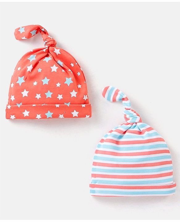 Babyhug 100% Cotton Cap Star & Stripes Print Red & Blue Pack Of 2 - Diameter 10 cm