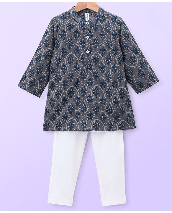 Babyhug 100% Cotton Woven Full Sleeves Kurta with Payjama Set Leaf Print - Grey
