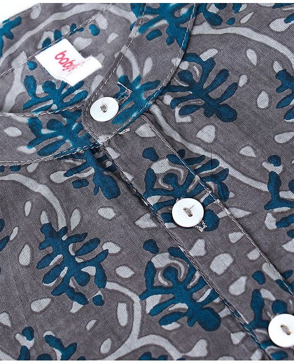 Babyhug 100% Cotton Woven Full Sleeves Kurta with Payjama Set Leaf Print - Grey