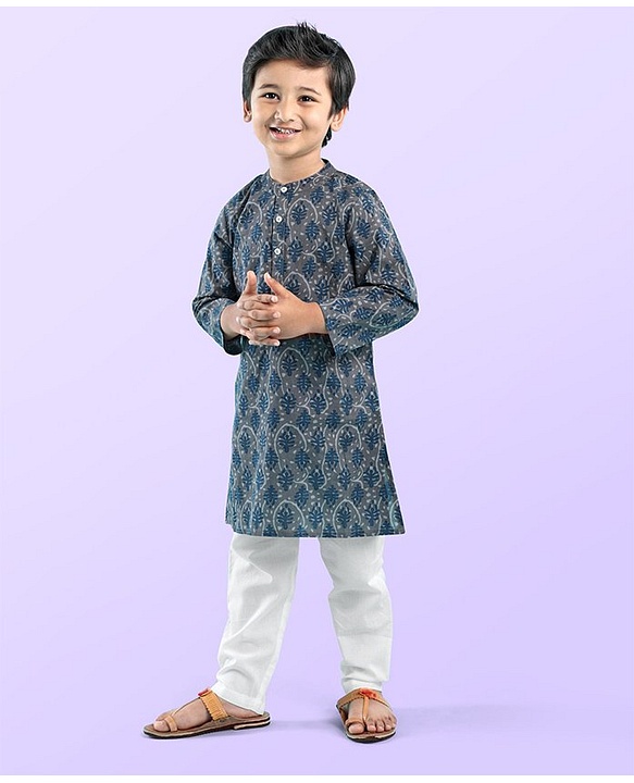 Babyhug 100% Cotton Woven Full Sleeves Kurta with Payjama Set Leaf Print - Grey