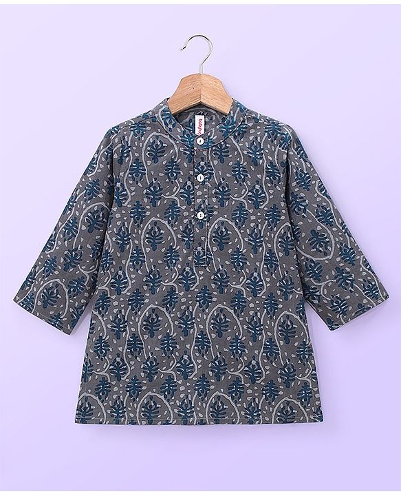 Babyhug 100% Cotton Woven Full Sleeves Kurta with Payjama Set Leaf Print - Grey