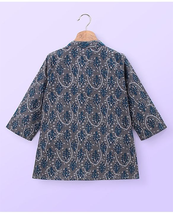 Babyhug 100% Cotton Woven Full Sleeves Kurta with Payjama Set Leaf Print - Grey