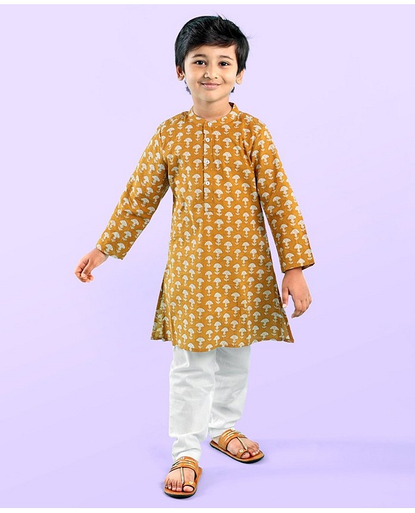 Babyhug 100% Cotton Woven Full Sleeves Kurta with Pyjama Set Floral Print - Mustard
