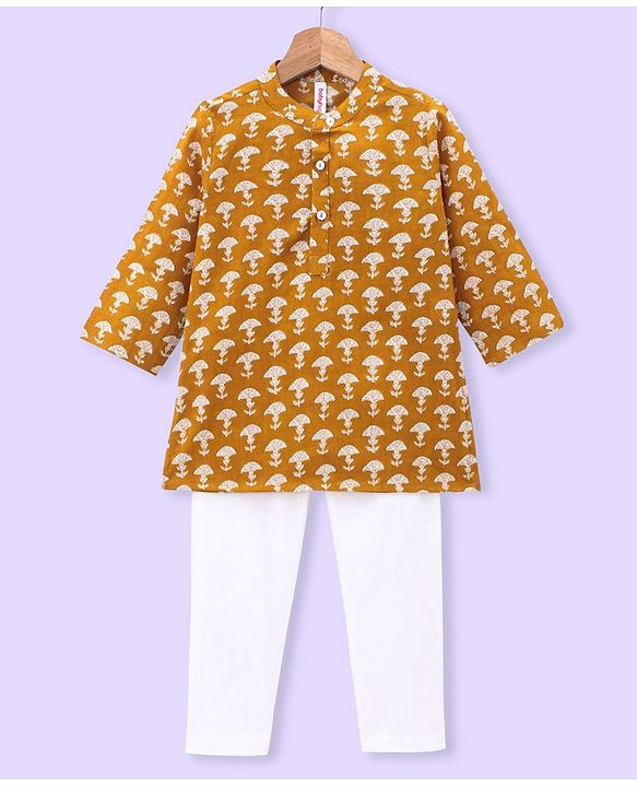 Babyhug 100% Cotton Woven Full Sleeves Kurta with Pyjama Set Floral Print - Mustard