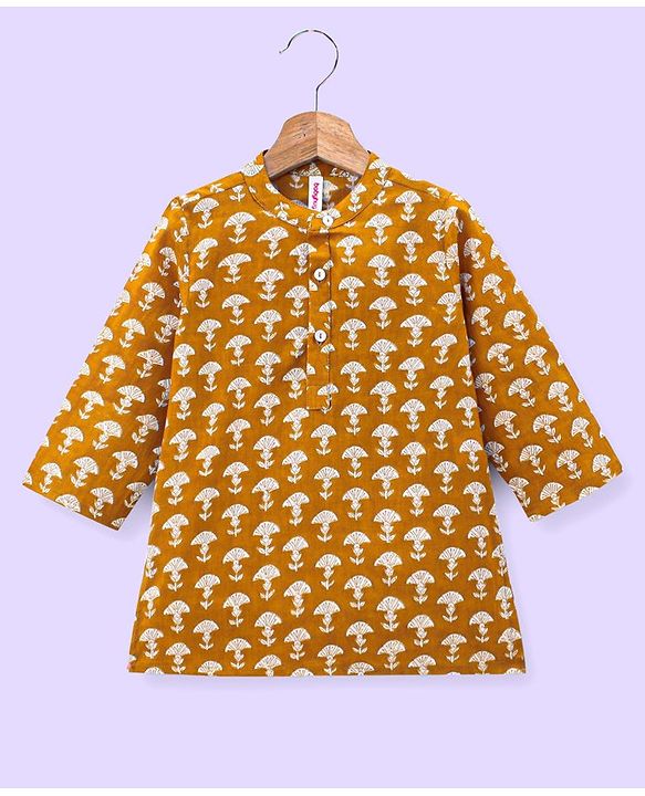 Babyhug 100% Cotton Woven Full Sleeves Kurta with Pyjama Set Floral Print - Mustard
