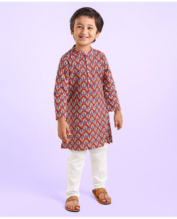 Babyhug 100% Cotton  Full Sleeves Dobby Printed Kurta With Payjama Set - Rust