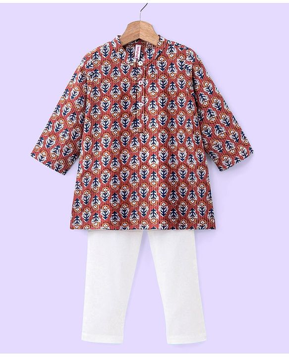 Babyhug 100% Cotton  Full Sleeves Dobby Printed Kurta With Payjama Set - Rust