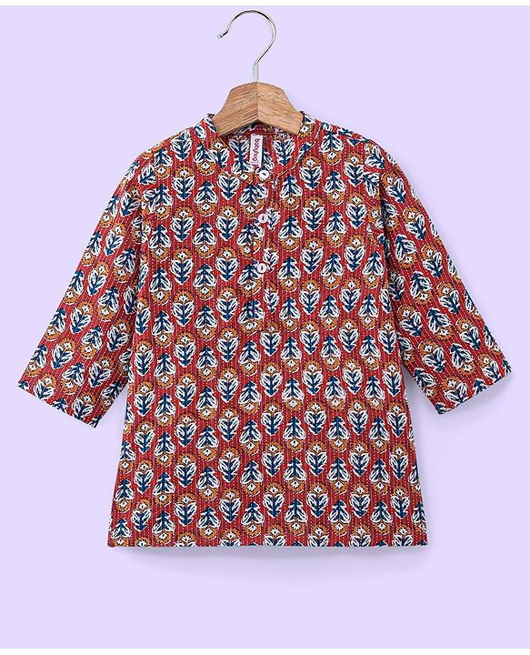 Babyhug 100% Cotton  Full Sleeves Dobby Printed Kurta With Payjama Set - Rust