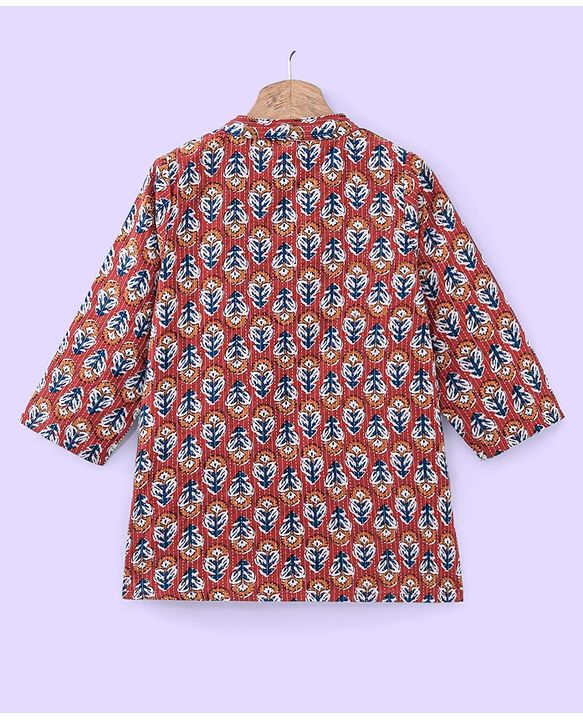 Babyhug 100% Cotton  Full Sleeves Dobby Printed Kurta With Payjama Set - Rust