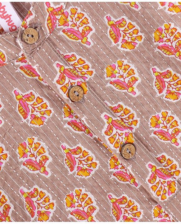 Babyhug 100% Cotton Full Sleeves Dobby Printed Kurta with Printed Dhoti Set - Beige