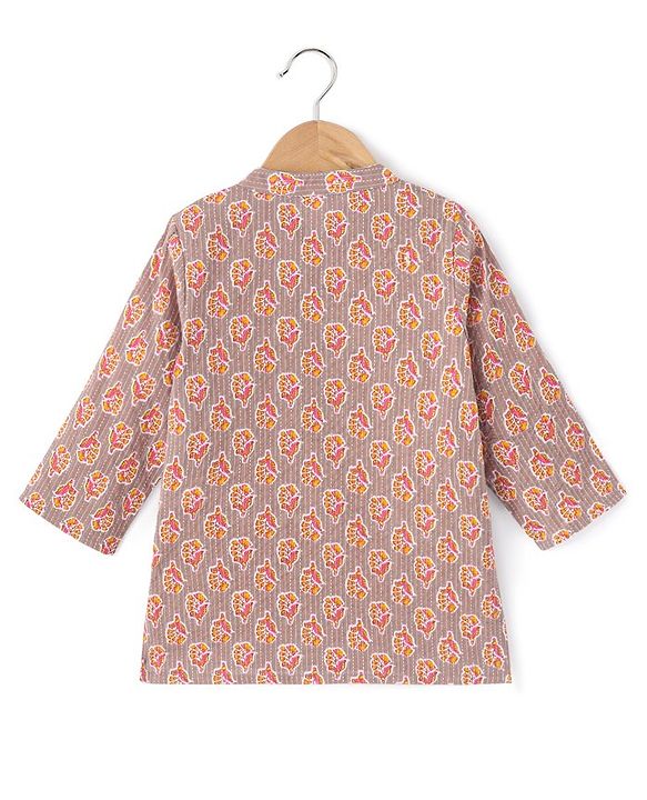 Babyhug 100% Cotton Full Sleeves Dobby Printed Kurta with Printed Dhoti Set - Beige