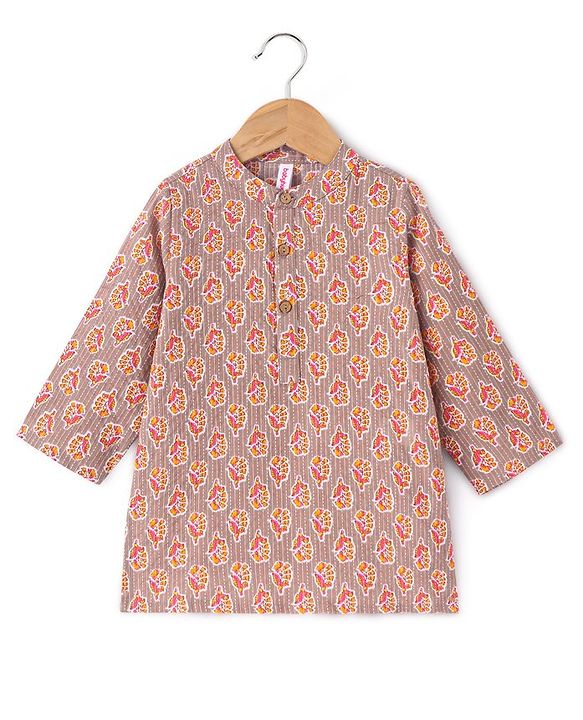 Babyhug 100% Cotton Full Sleeves Dobby Printed Kurta with Printed Dhoti Set - Beige