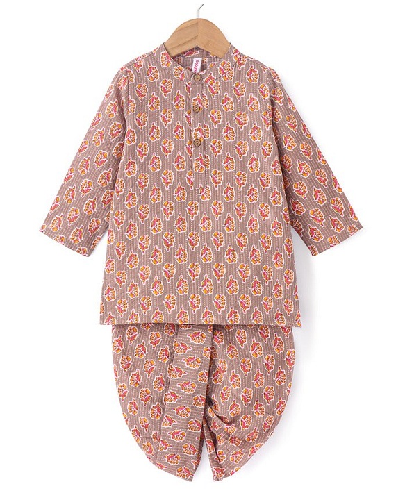 Babyhug 100% Cotton Full Sleeves Dobby Printed Kurta with Printed Dhoti Set - Beige