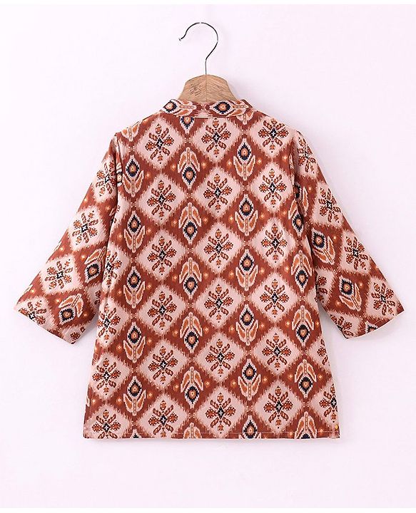 Babyhug 100% Cotton Woven Full Sleeves Kurta With Dhoti Diamond & Floral Print - Maroon