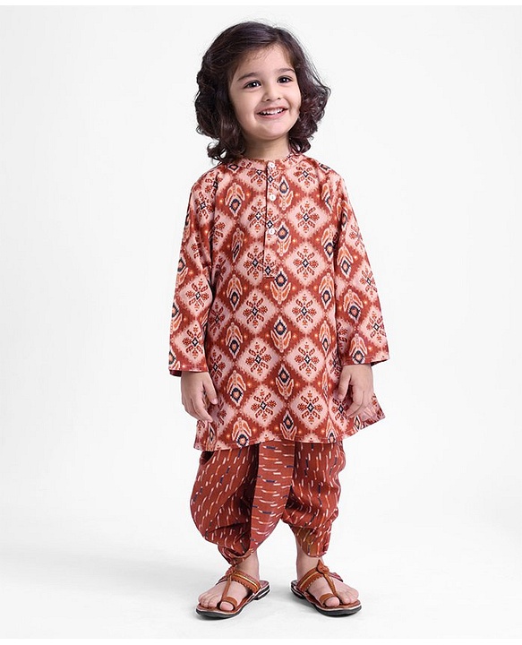 Babyhug 100% Cotton Woven Full Sleeves Kurta With Dhoti Diamond & Floral Print - Maroon
