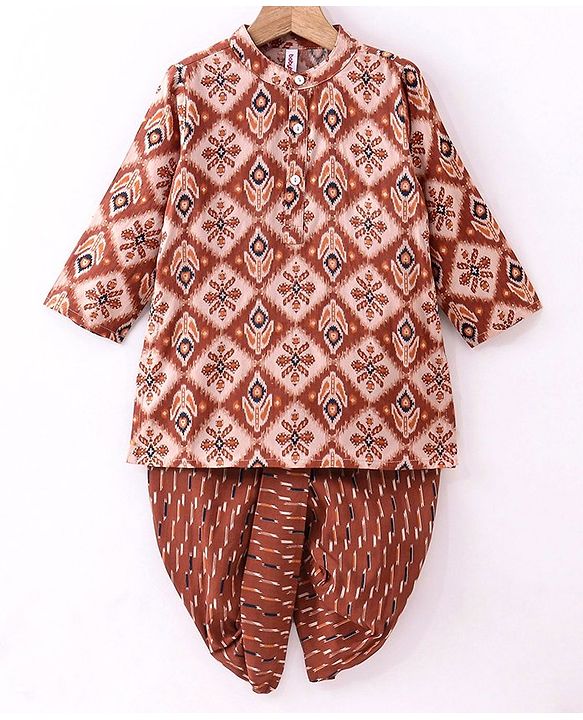 Babyhug 100% Cotton Woven Full Sleeves Kurta With Dhoti Diamond & Floral Print - Maroon