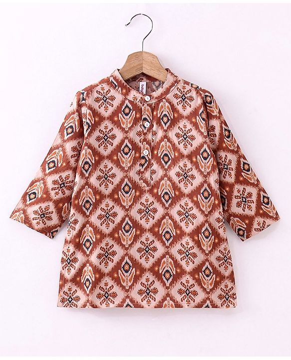 Babyhug 100% Cotton Woven Full Sleeves Kurta With Dhoti Diamond & Floral Print - Maroon