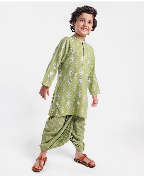 Babyhug 100% Cotton Full Sleeves Kurta With Dhoti Set Floral Print - Green