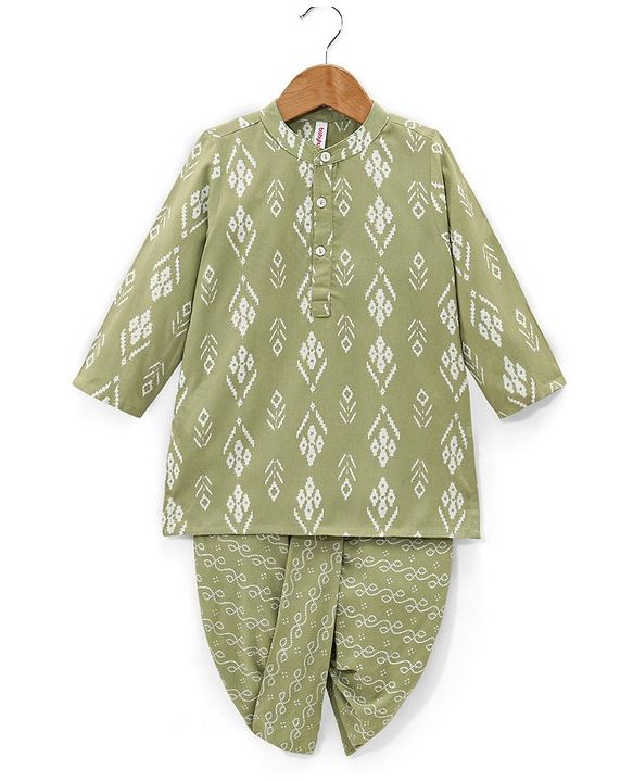 Babyhug 100% Cotton Full Sleeves Kurta With Dhoti Set Floral Print - Green