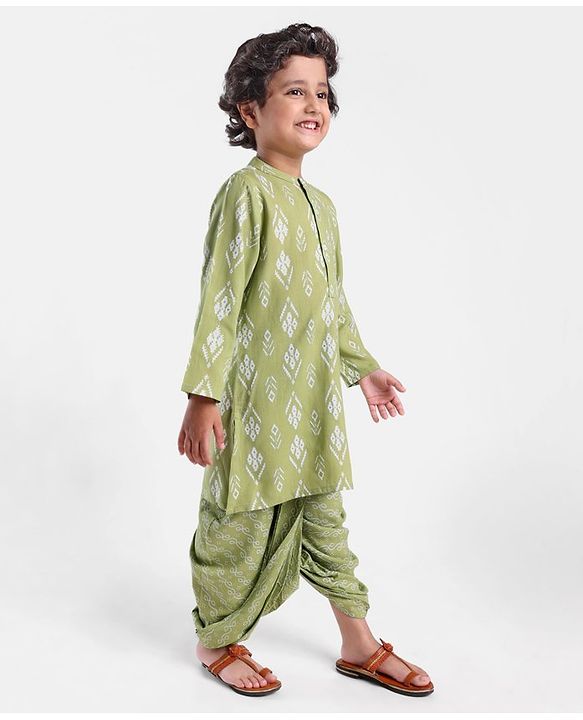 Babyhug 100% Cotton Full Sleeves Kurta With Dhoti Set Floral Print - Green