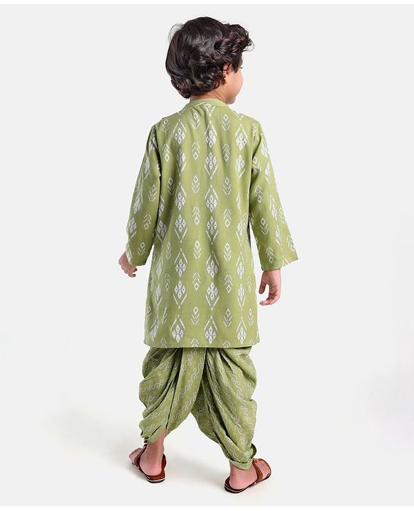 Babyhug 100% Cotton Full Sleeves Kurta With Dhoti Set Floral Print - Green