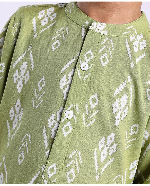 Babyhug 100% Cotton Full Sleeves Kurta With Dhoti Set Floral Print - Green